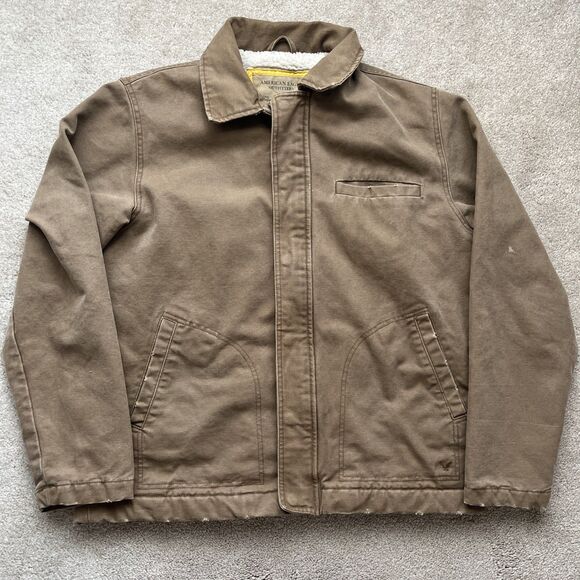 American Eagle Chore Jacket Mens Large Y2K Canvas Sherpa Lined Brown Full Zip - Picture 1 of 8